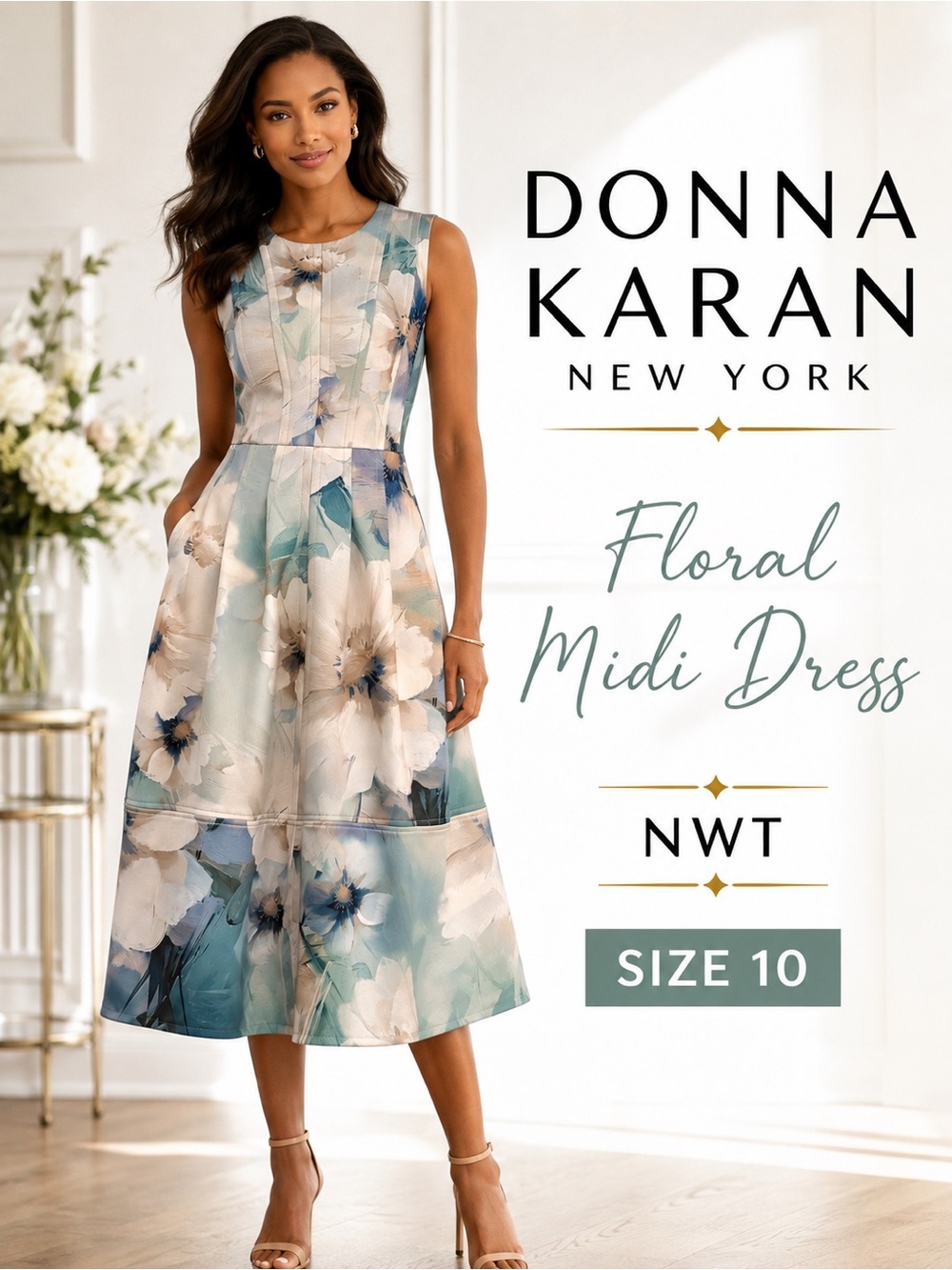NWT Donna Karan New York Floral Fit & Flare Midi Dress Size 10